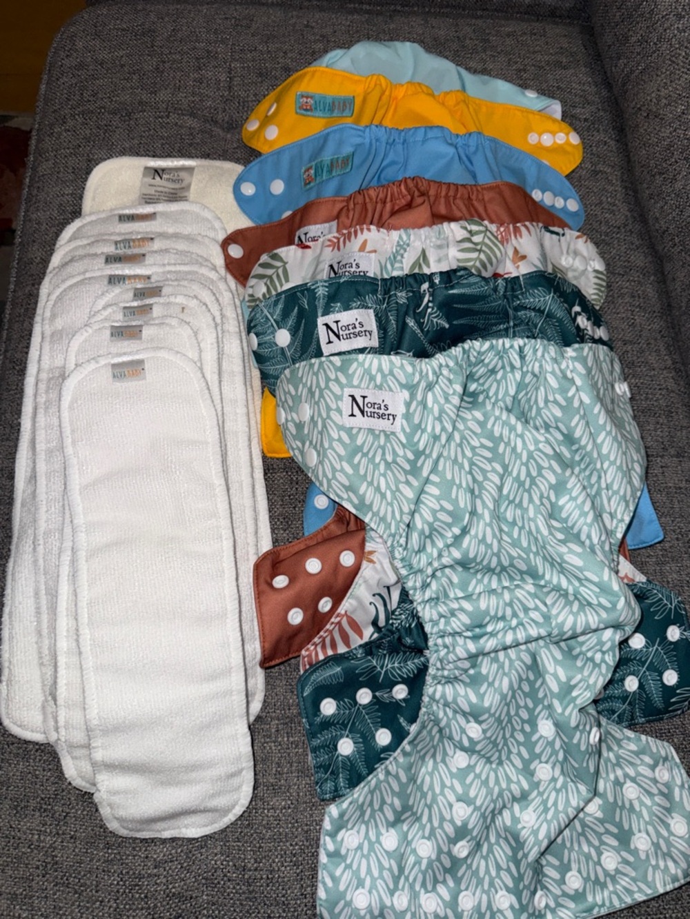 Alva baby and Nora’s nursery adjustable reusable baby diapers lot of 7.